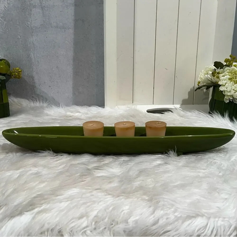 NEW Pier One Ceramic Footed Floating Candle Boat Candleholder Green 18” NWOT